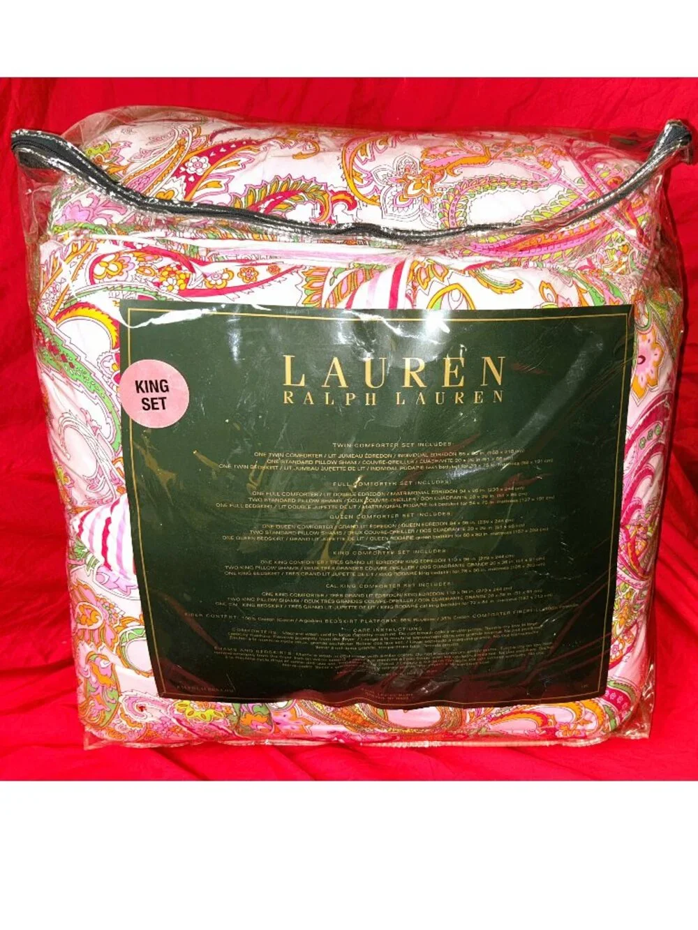 4pc~KING sz Comforter Set~vintage Ralph Lauren pink orange green paisley COTTON